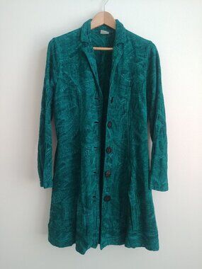 C.M.C. teal blue green flared coat dress textured cotton blend tapestry …